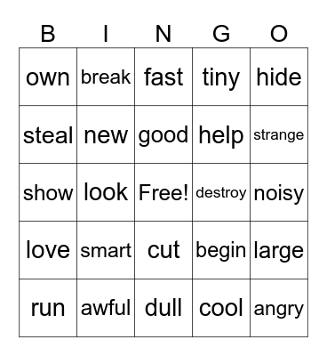 Synonym Bingo Card