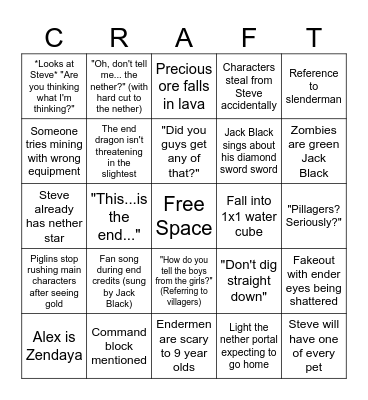 MINECRAFT MOVIE BINGO Card