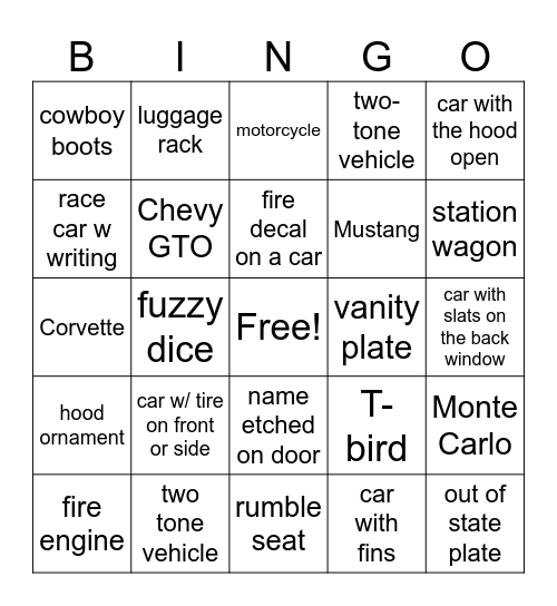 Car Rally Bingo Card