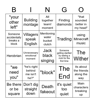 Minecraft Movie Bingo Card