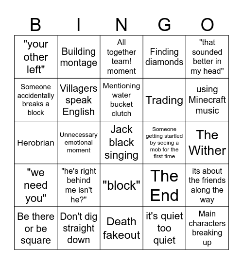 Minecraft Movie Bingo Card