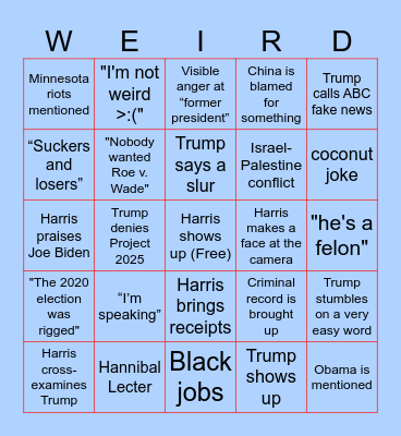 presidential debate bingo :) Bingo Card