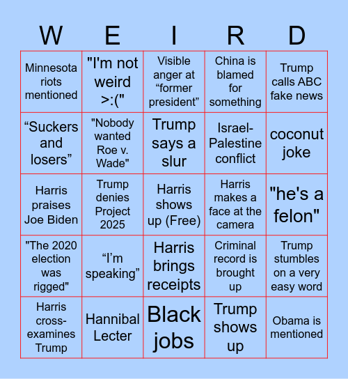 presidential debate bingo :) Bingo Card