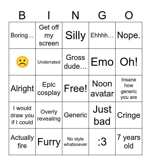 Rate my avatar Bingo Card