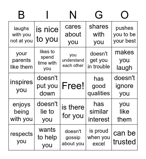 Friendship Bingo Card