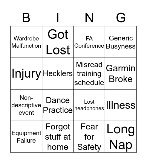 Ragen Excuse Bingo Card