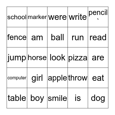 Nouns and Verbs Bingo Card