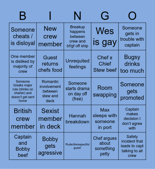 Below Deck Bingo Card