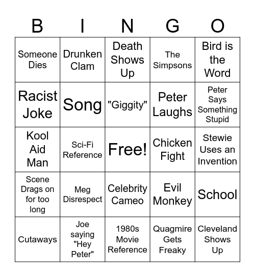 Family Guy Bingo Board Bingo Card