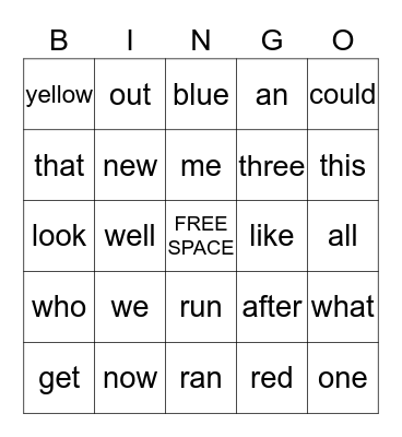 Sight Words Bingo Card