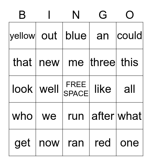 Sight Words Bingo Card