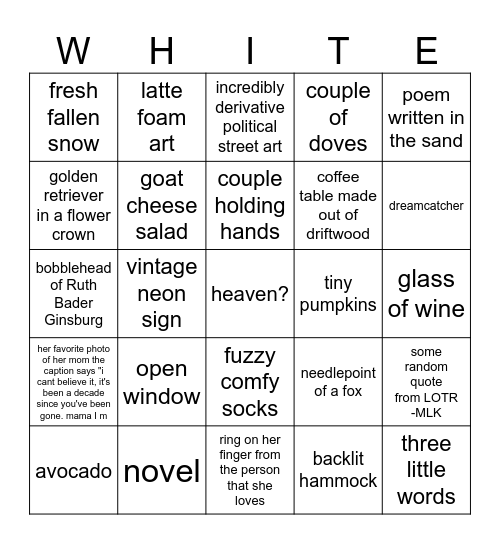 White Woman's Instagram Bingo Card