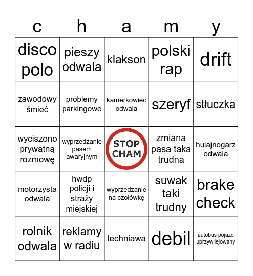 Stop cham Bingo Card