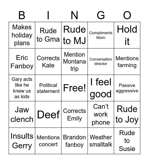 Daddy Bingo Card