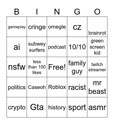 YT shorts bingo Card