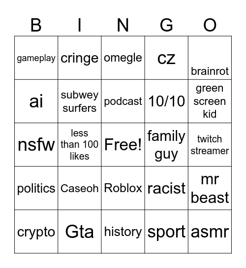 YT shorts bingo Card