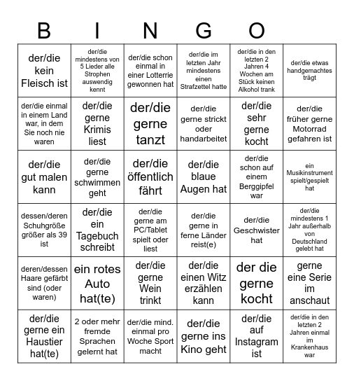 Besser-Kennenlern-Bingo: Finden Sie jemand, der/die... Bingo Card