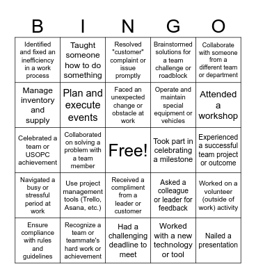 Shared Experiences Bingo Card