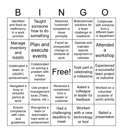 Shared Experiences Bingo Card