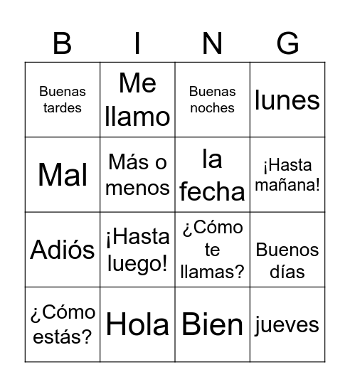 Español Bingo Card