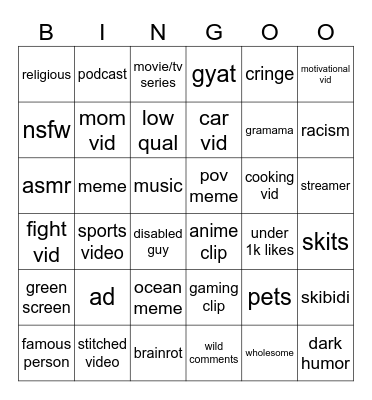 reels bingo Card