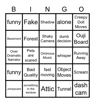 Scary Video Bingo Card