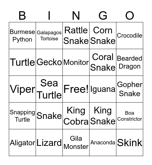 Reptile Bingo Card