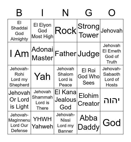 NAMES of GOD Bingo Card