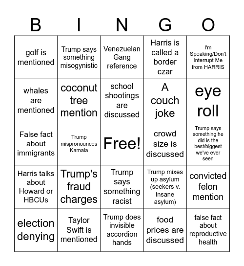 Harris/Trump Debate BINGO! Bingo Card