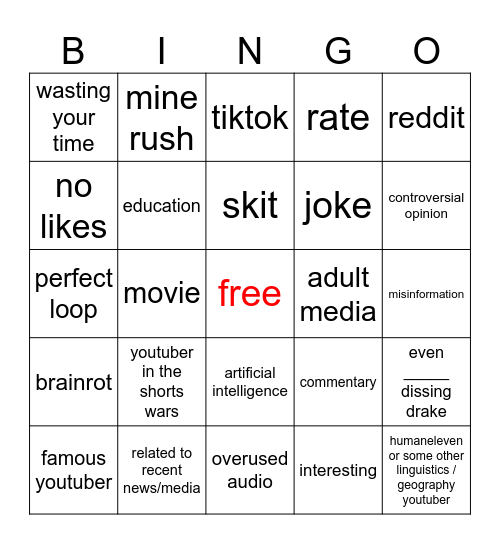 A Cool YT Shorts Bingo Card