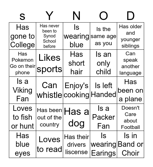 Synod School 2016 Bingo Card