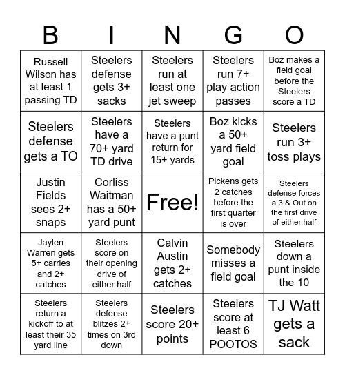 Steelers vs Jets Bingo Card