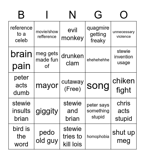 family guy bingo Card