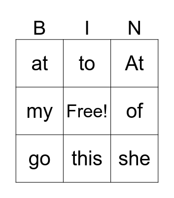 Sight words Bingo Card