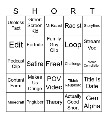 YouTube Shorts Bingo Card