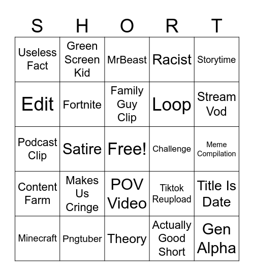 YouTube Shorts Bingo Card