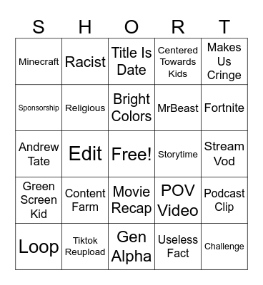 YouTube Shorts Bingo Card