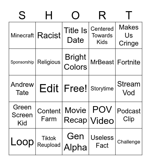 YouTube Shorts Bingo Card