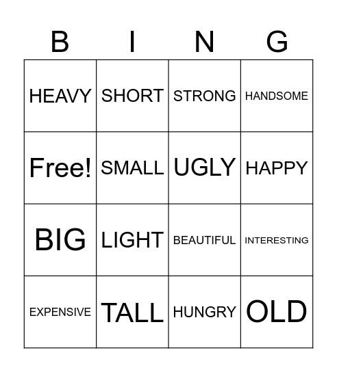 ADJECTIVES Bingo Card