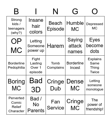 Anime Bingo Card