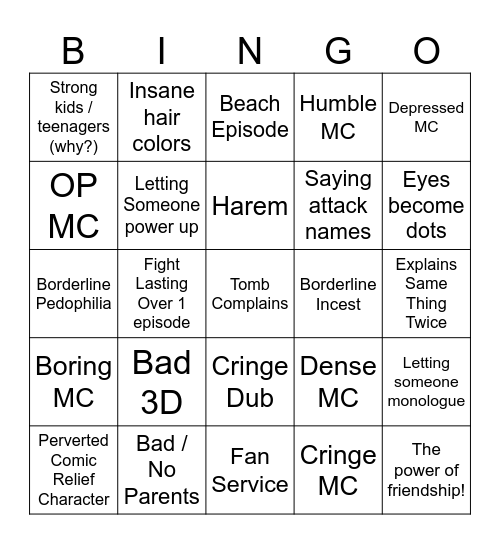 Anime Bingo Card