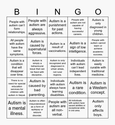 Autism: Myths and Misconceptions. Bingo Card