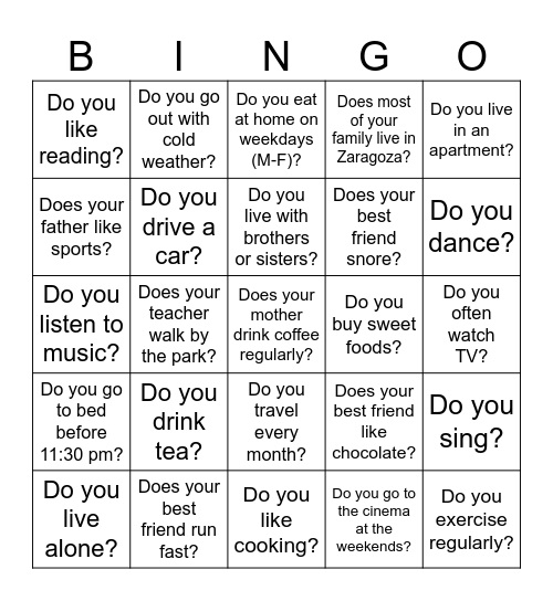 Present Simple Bingo Card