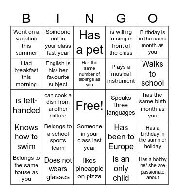Classmate Bingo Card