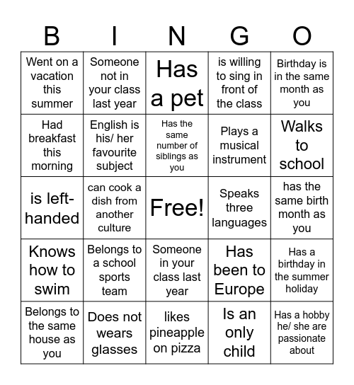 Classmate Bingo Card