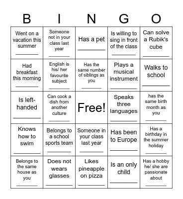 Classmate Bingo Card