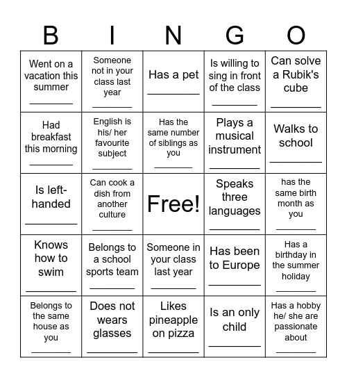 Classmate Bingo Card