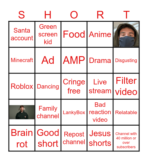 Shorts bingo Card