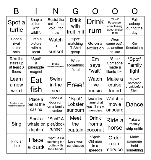 Cruise Bingo Card