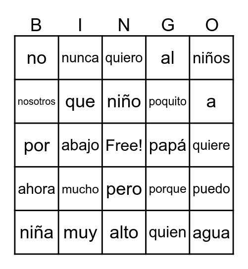 Palabras de Alta Frecuencia Bingo Card